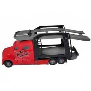 Red Black Toy Diecast Car Carrier Truck with hitch, Missing Back Portion 6" x 2"